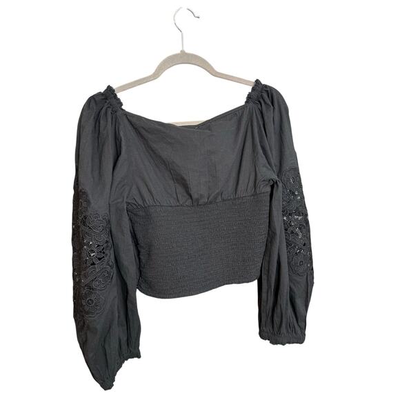 Farm Rio Cotton Embroidered Puff Sleeve Blouse Black Boho sz Large NWT - Picture 7 of 11